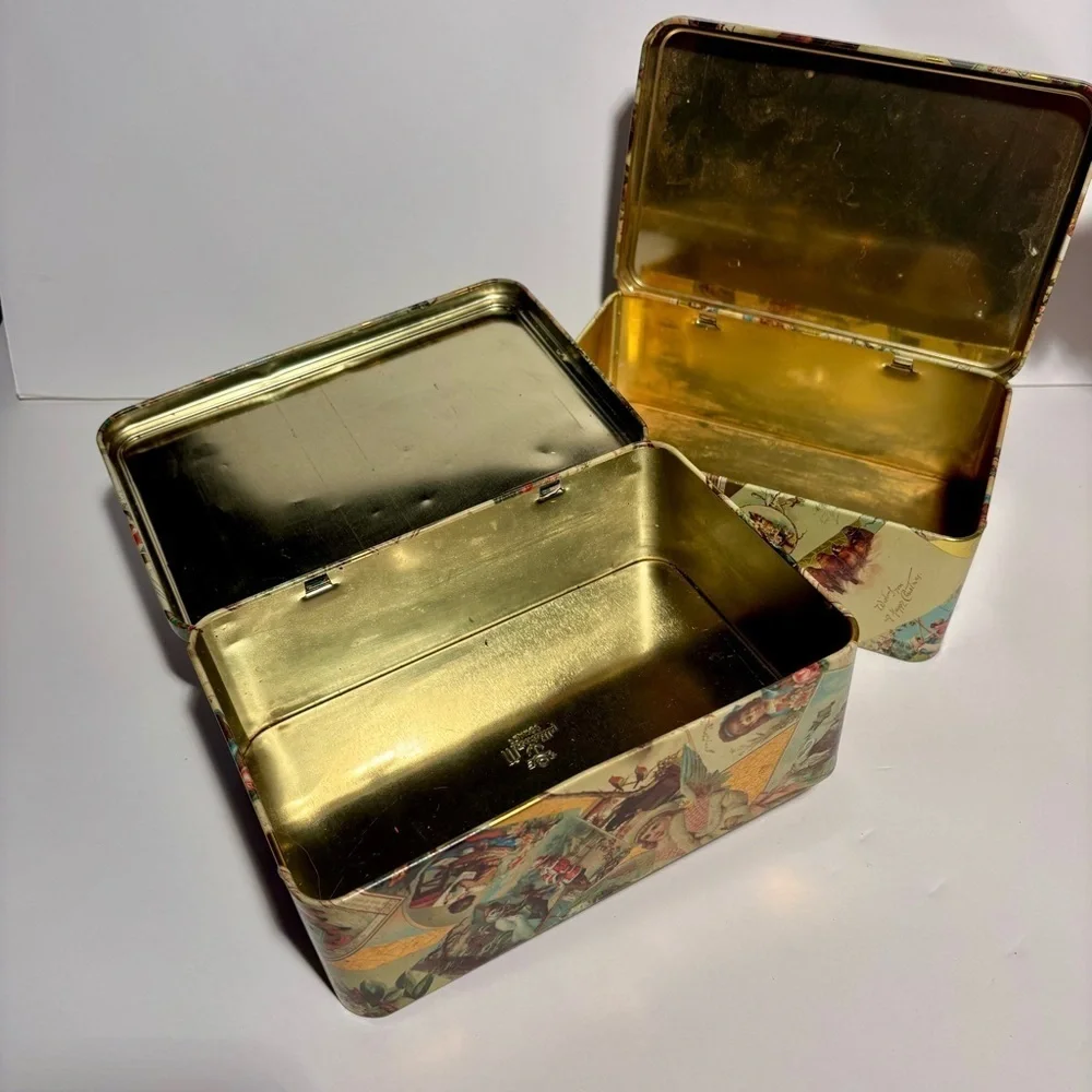 2 Vintage Style Decorative Tin Boxes - Victorian Christmas Postcard Design